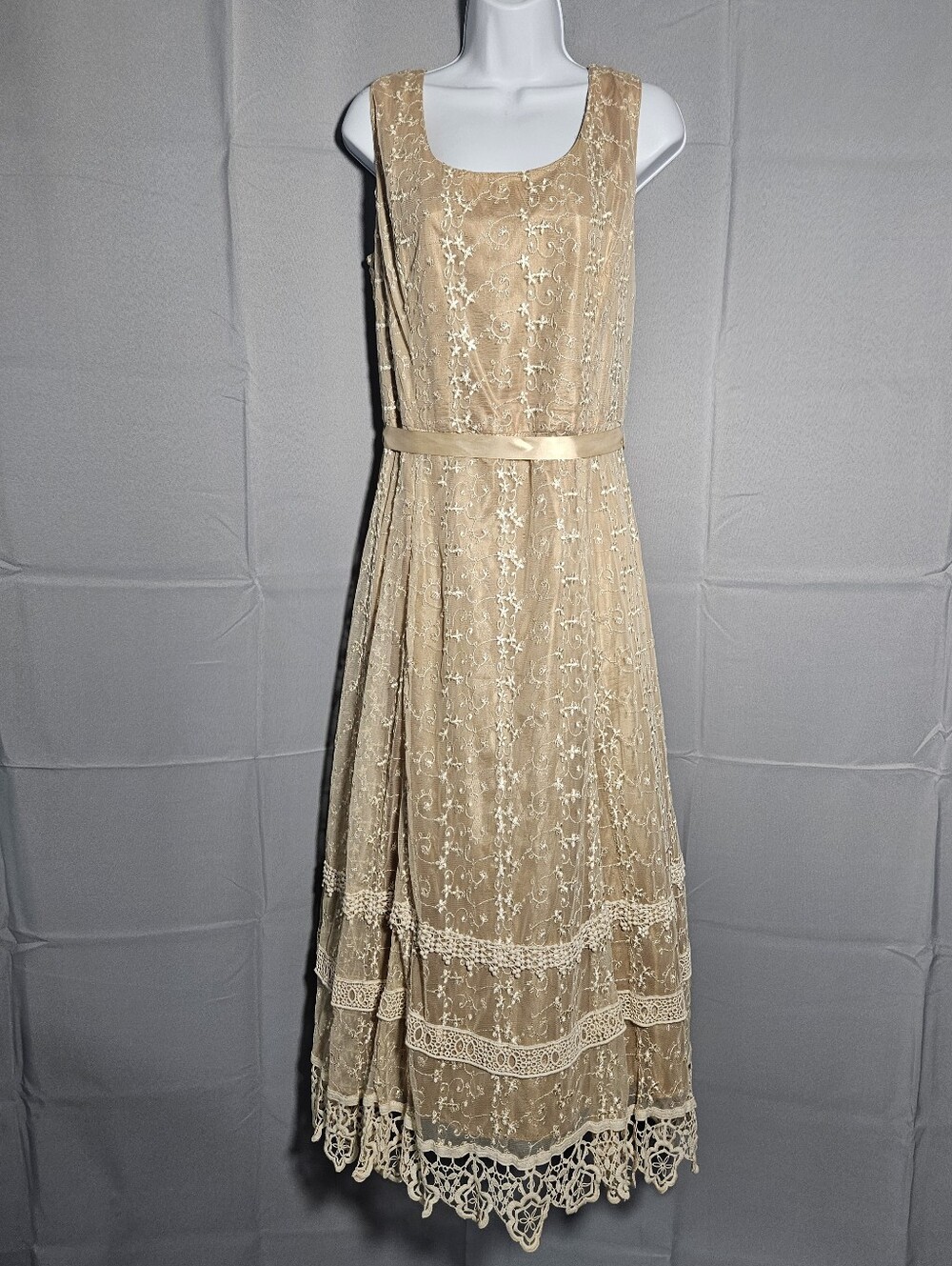 Coldwater Creek Cottagecore Lace Retro 1920s Floral Edwardian Cream Midi Sz 14